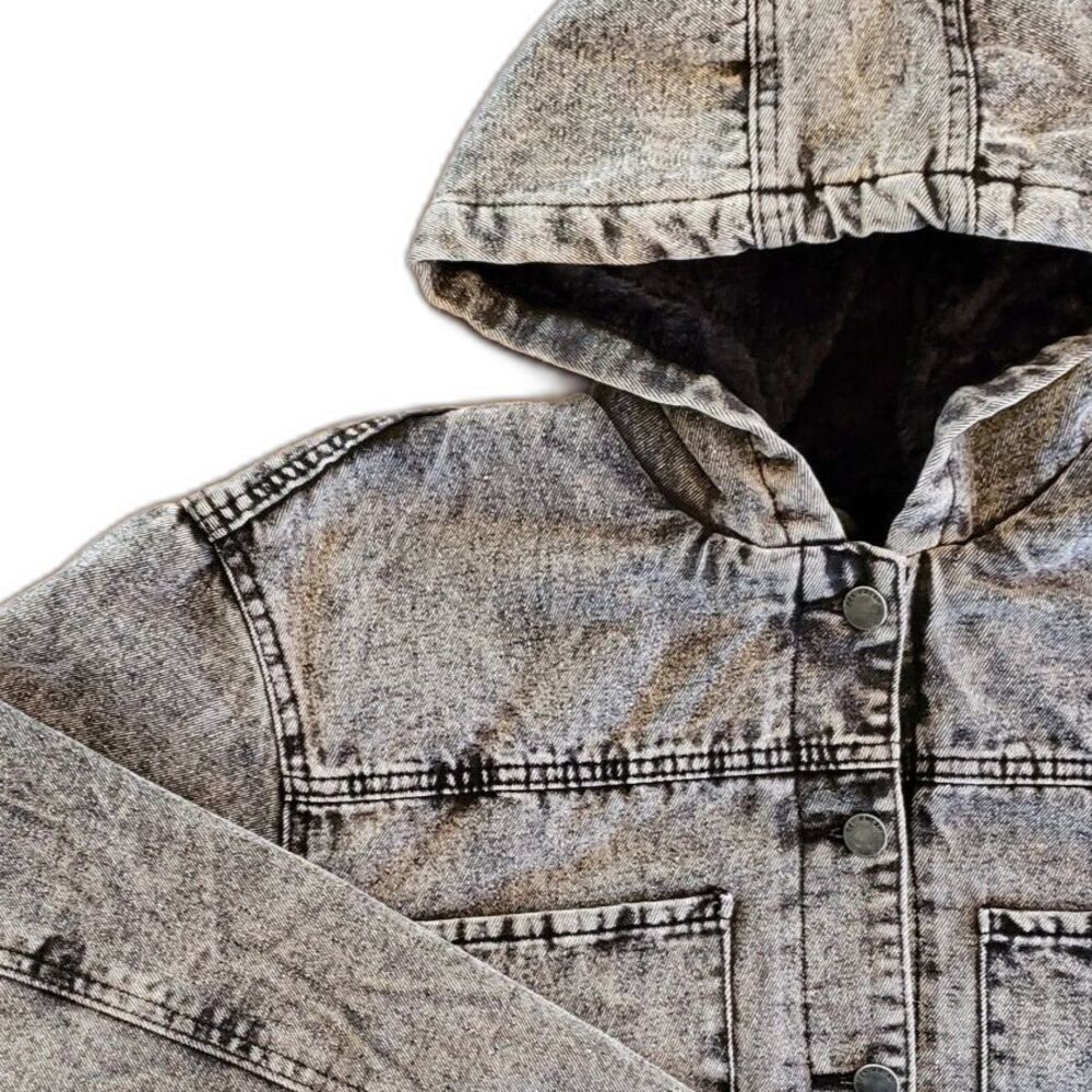 Ashley-Vintage Charm Women Cropped Denim Hoodie Jacket Faded Black L - Picture 4 of 8